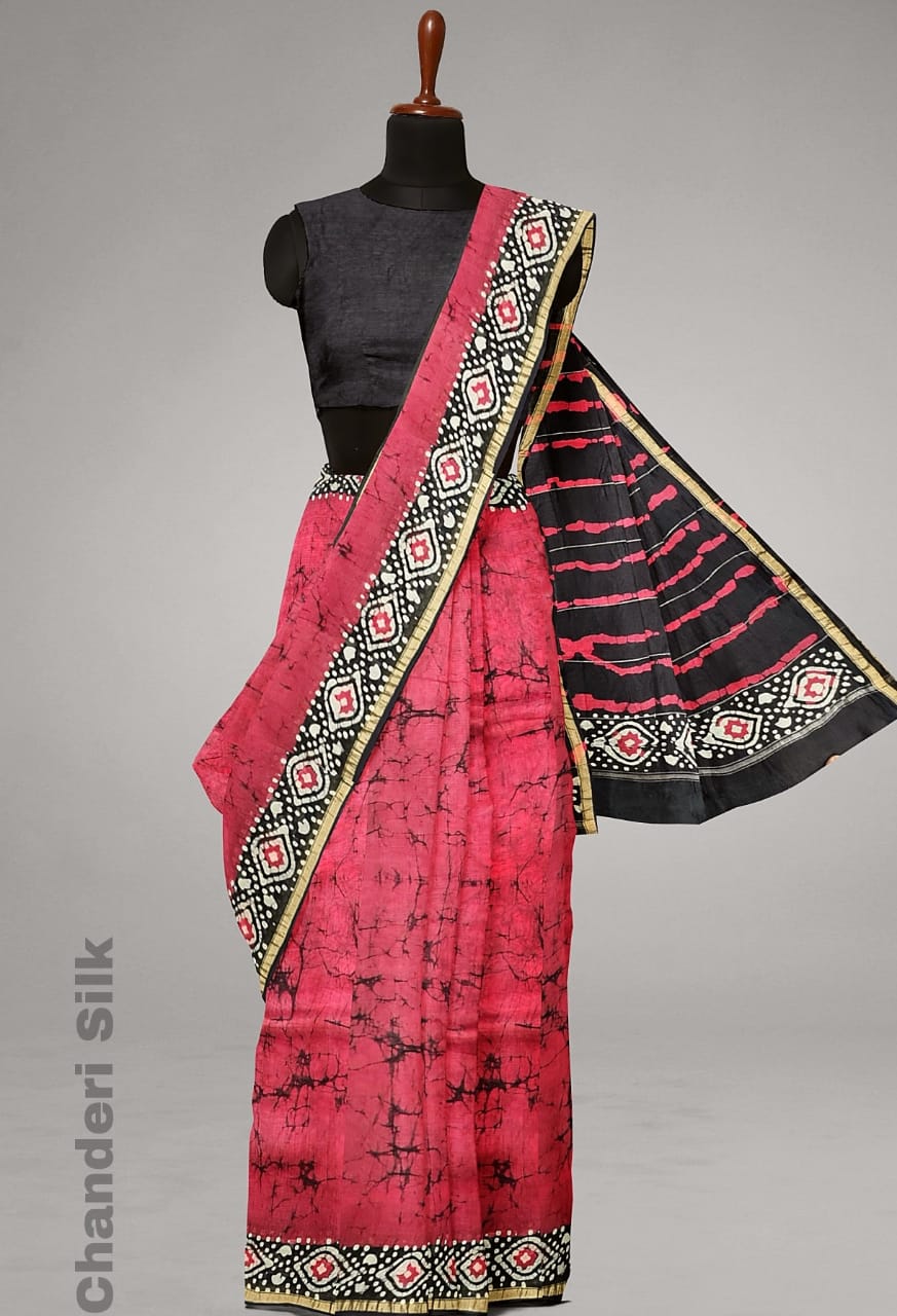 All Ajrakh Printed Chanderi Silk Saree – Indiehaat.com