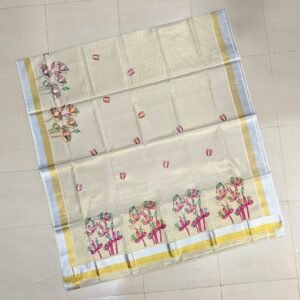 Kerala Tissue Lines Lotus Embroidery Saree
